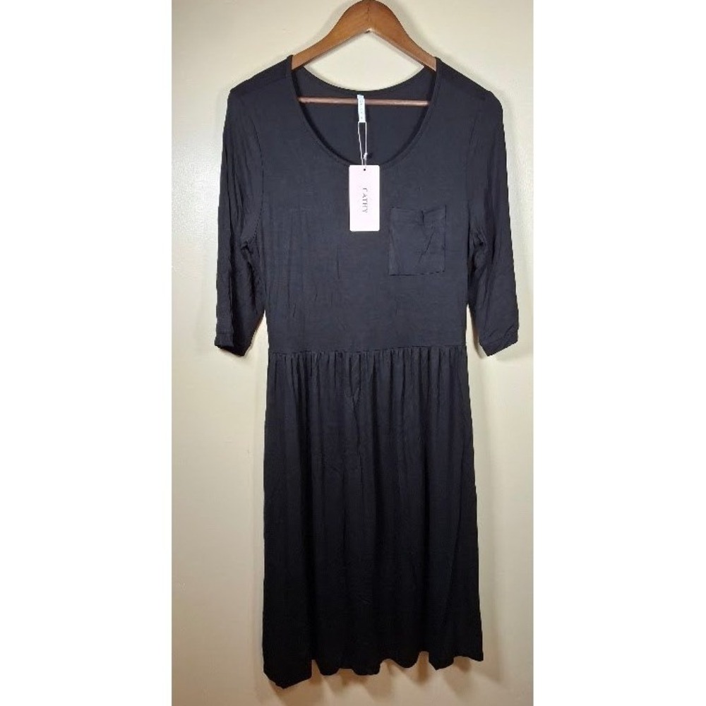 Cathy Womens Black 3/4 Sleeve Pocket Knit Dress Medium NWT